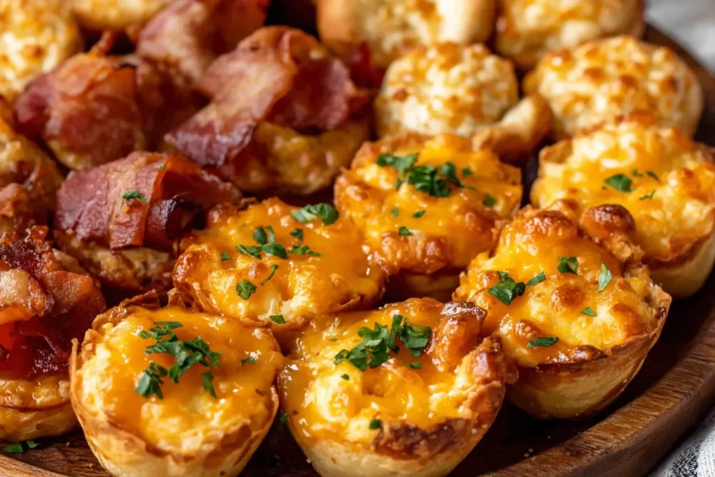 Assorted Iowa Party Bites baked golden with cheddar and topped with herbs and bacon.