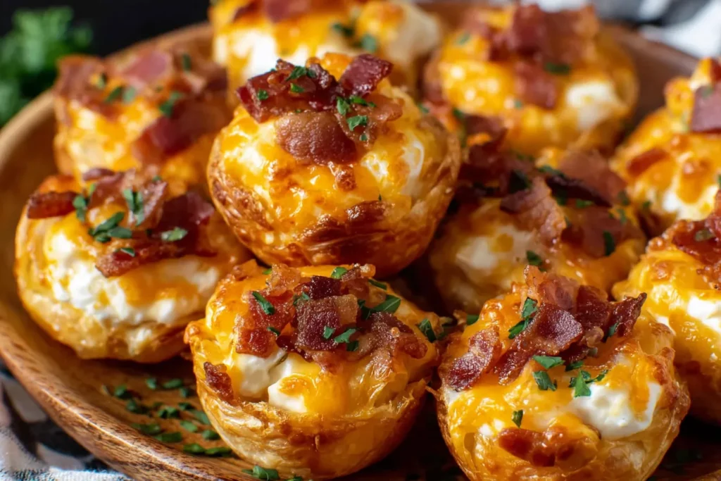 Crispy Iowa Party Bites filled with creamy cheese and topped with bacon and herbs.