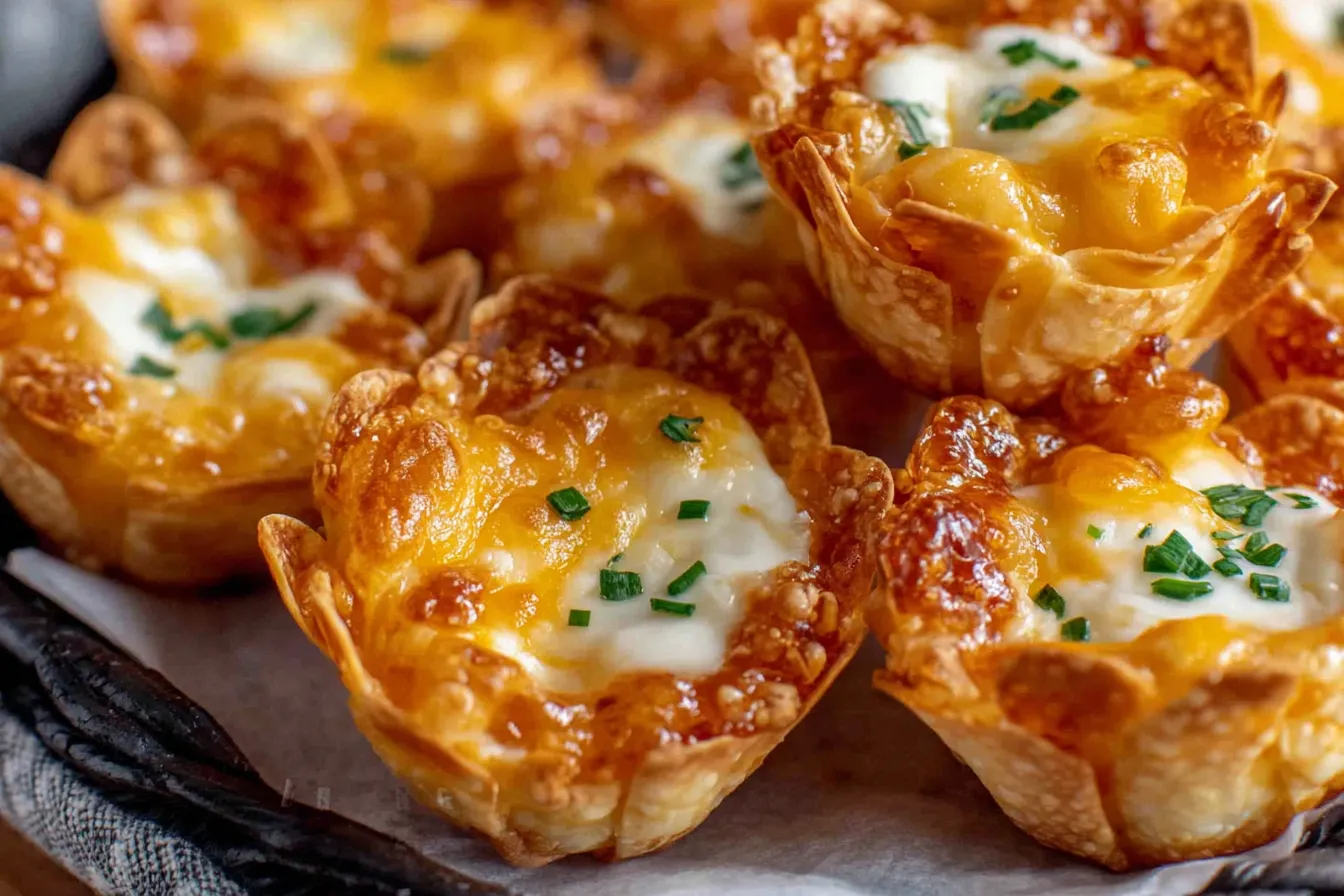 Golden crispy Iowa Party Bites with melted cheese in wonton cups and fresh herbs.