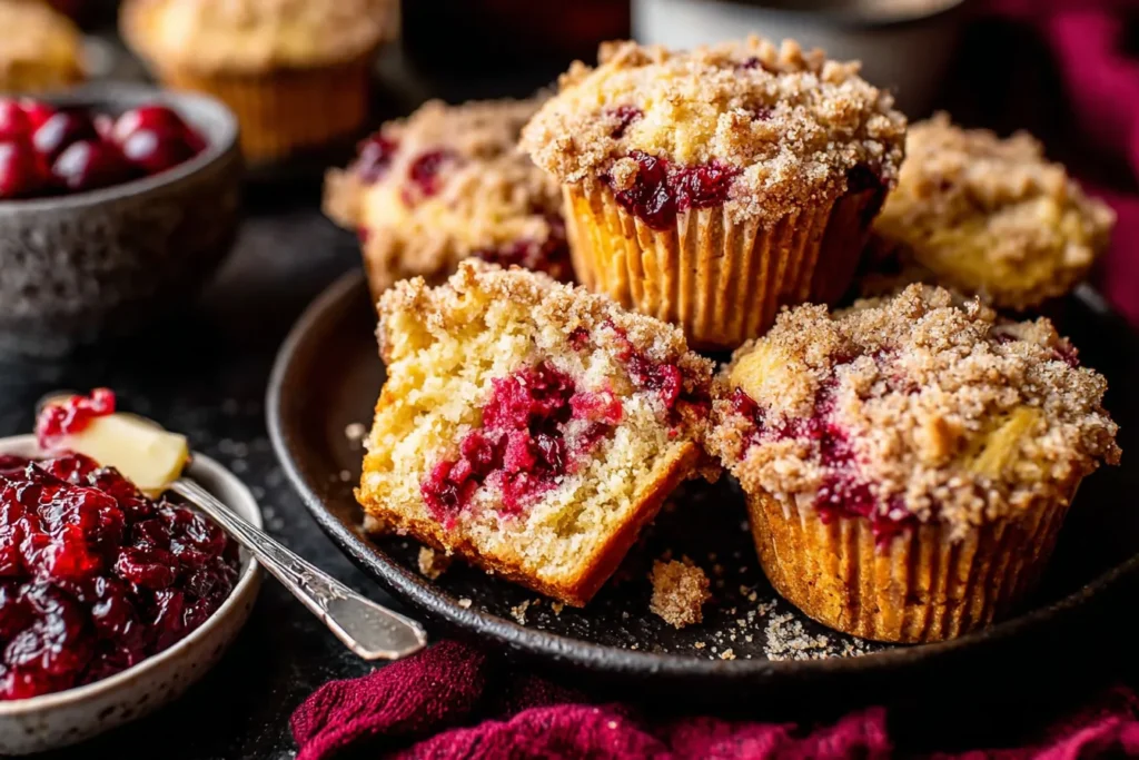 Leftover Cranberry Sauce Coffee Cake Muffins displayed on a plate with cranberry sauce and fresh cranberries