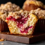 Leftover Cranberry Sauce Coffee Cake Muffins with a tender crumb and cranberry swirl cut open to show the inside texture