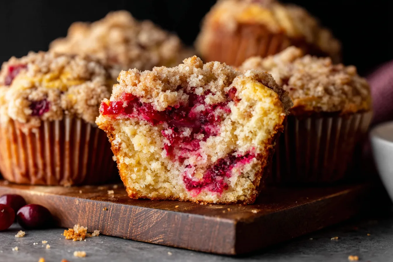 Leftover Cranberry Sauce Coffee Cake Muffins with a tender crumb and cranberry swirl cut open to show the inside texture