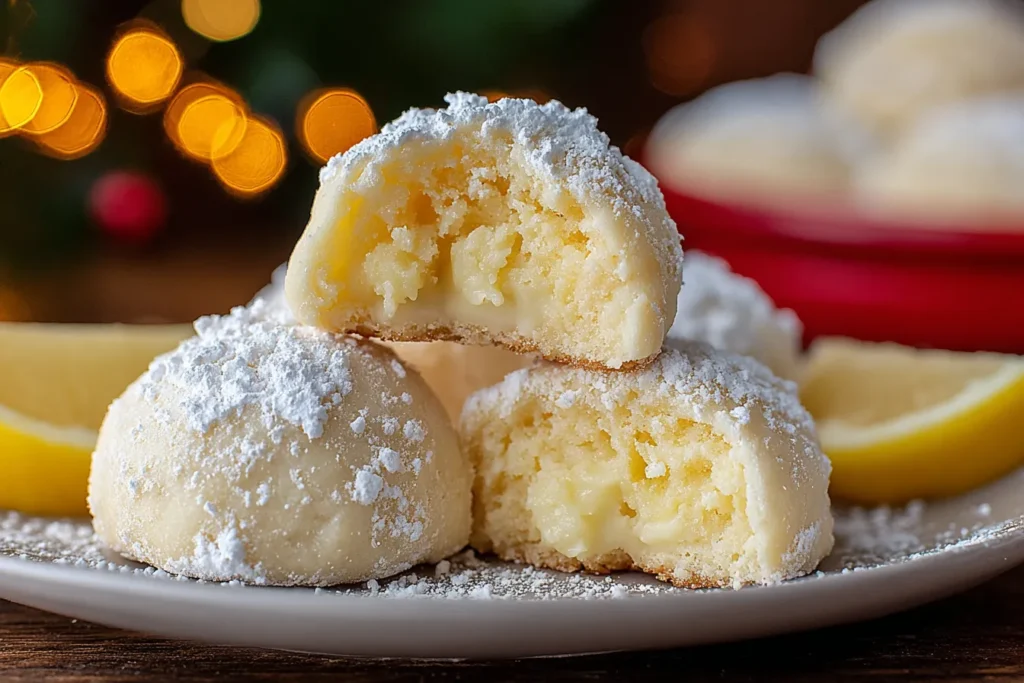 LLemon Cream Snowball Cookies broken open to show creamy lemon center and soft crumbemon Cream Snowball Cookies