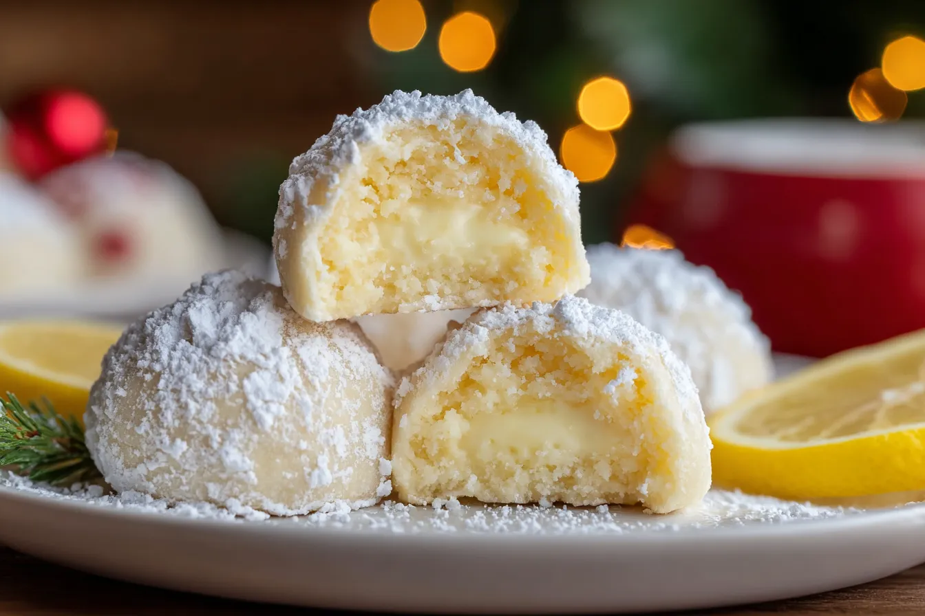 Lemon Cream Snowball Cookies with creamy lemon filling and powdered sugar coating