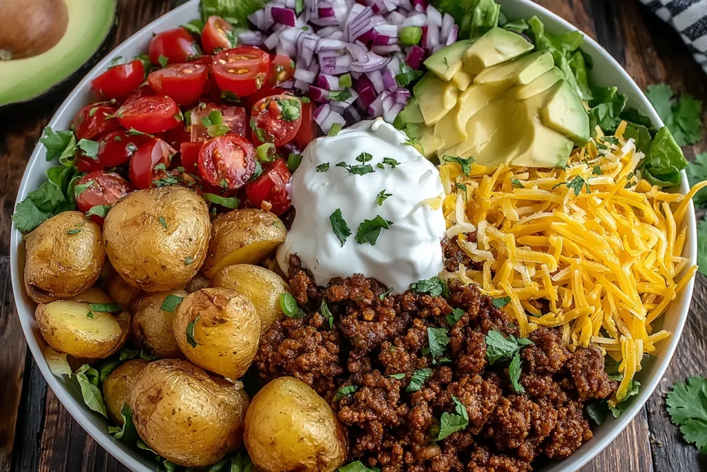 Loaded Potato Taco Bowl featuring roasted potatoes, taco meat, cherry tomatoes, red onion, avocado, cheese, and sour cream on a bed of greens.