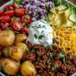 Loaded Potato Taco Bowl featuring roasted potatoes, taco meat, cherry tomatoes, red onion, avocado, cheese, and sour cream on a bed of greens.