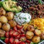 Loaded Potato Taco Bowl with roasted baby potatoes, seasoned beef, black beans, tomatoes, avocado, cheese, and sour cream arranged in a colorful bowl.