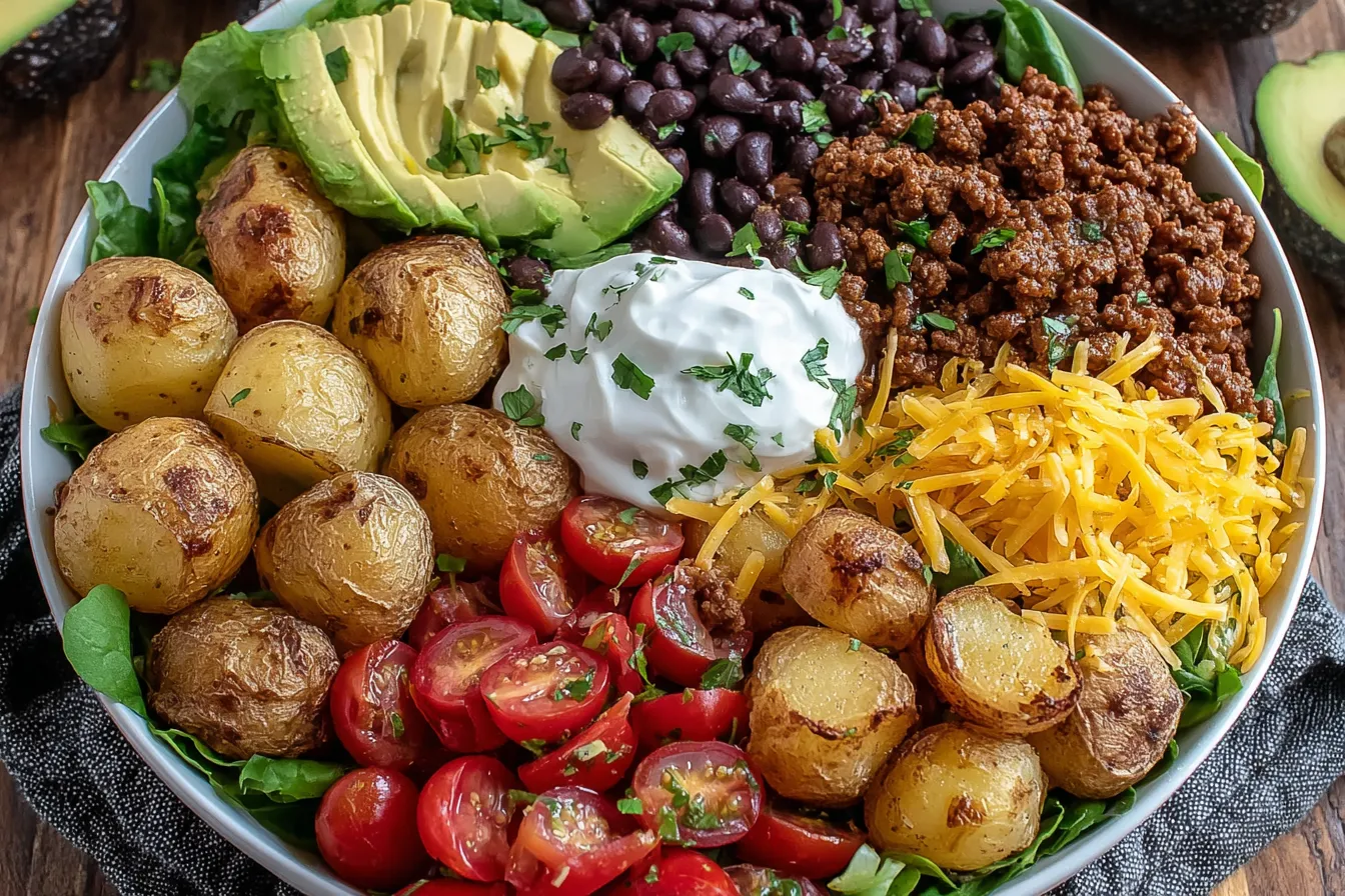 Loaded Potato Taco Bowl with roasted baby potatoes, seasoned beef, black beans, tomatoes, avocado, cheese, and sour cream arranged in a colorful bowl.