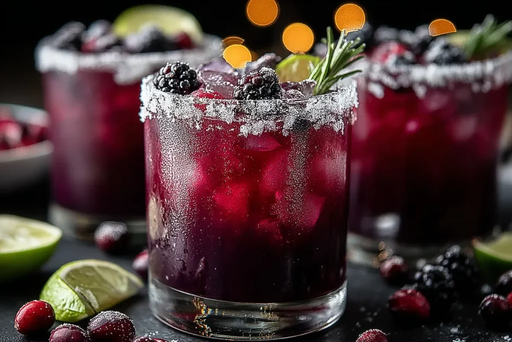 Midnight Frost Christmas Punch served in frosted glasses with blackberries, cranberries, and lime.