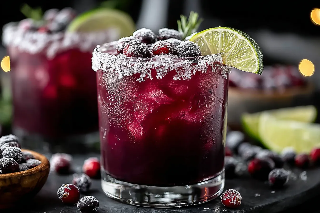 Midnight Frost Christmas Punch with sugared cranberries, lime slices, and a frosty rim.