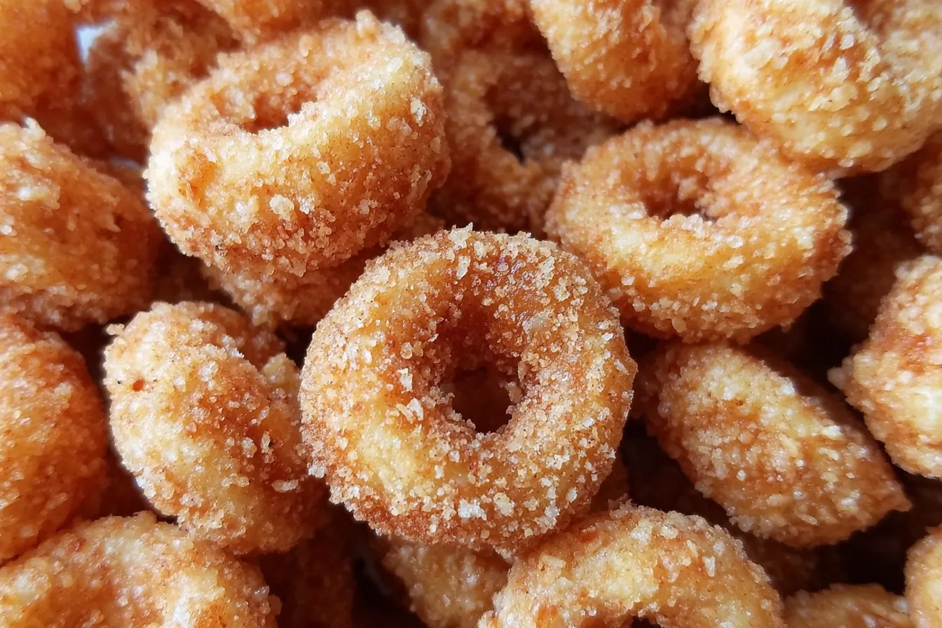Close-up of Mini Doughnut Hot Buttered Cheerios with cinnamon sugar coating