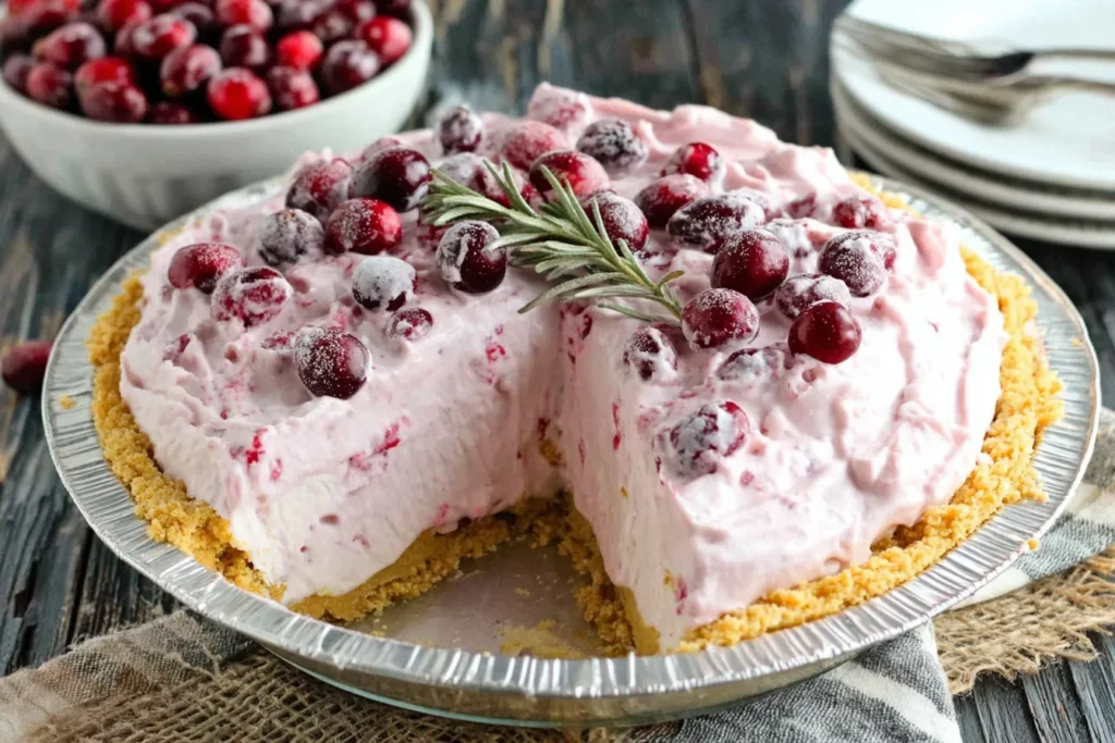 No-Bake Cranberry Cream Pie with a slice removed and sugared cranberries on top
