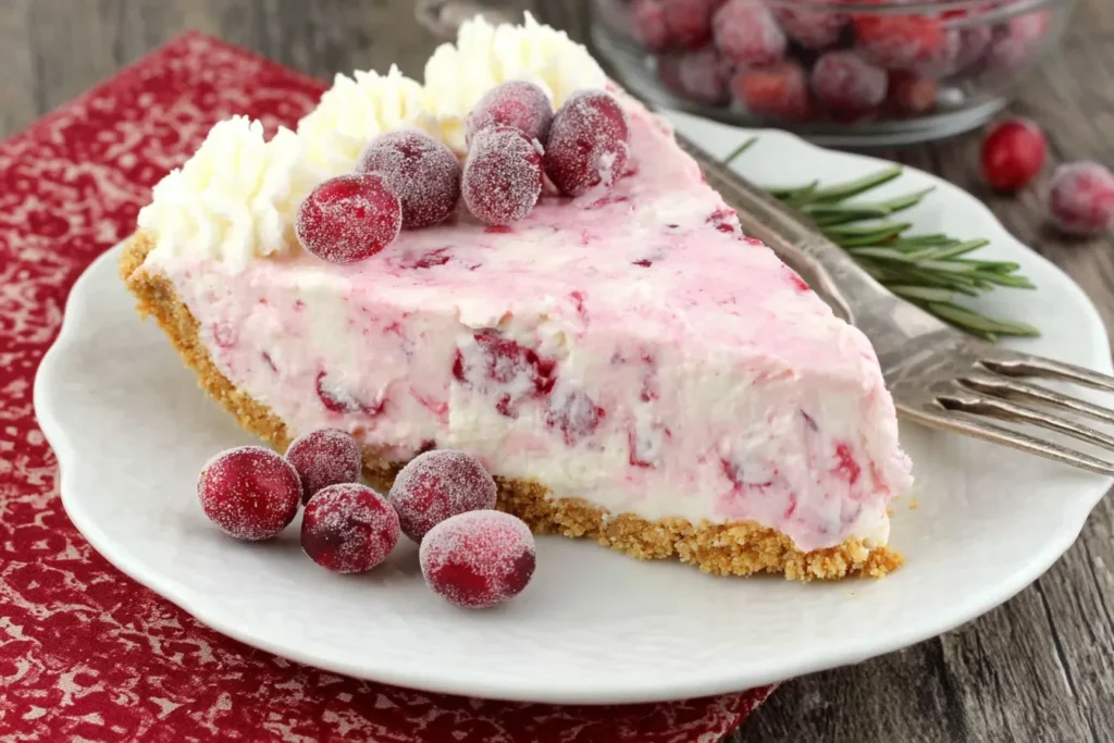No-Bake Cranberry Cream Pie slice topped with whipped cream and sugared cranberries