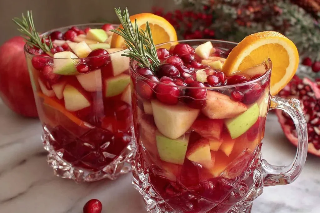 Non-Alcoholic Christmas Sangria served in festive glasses with apples, cranberries, pomegranate arils, and rosemary
