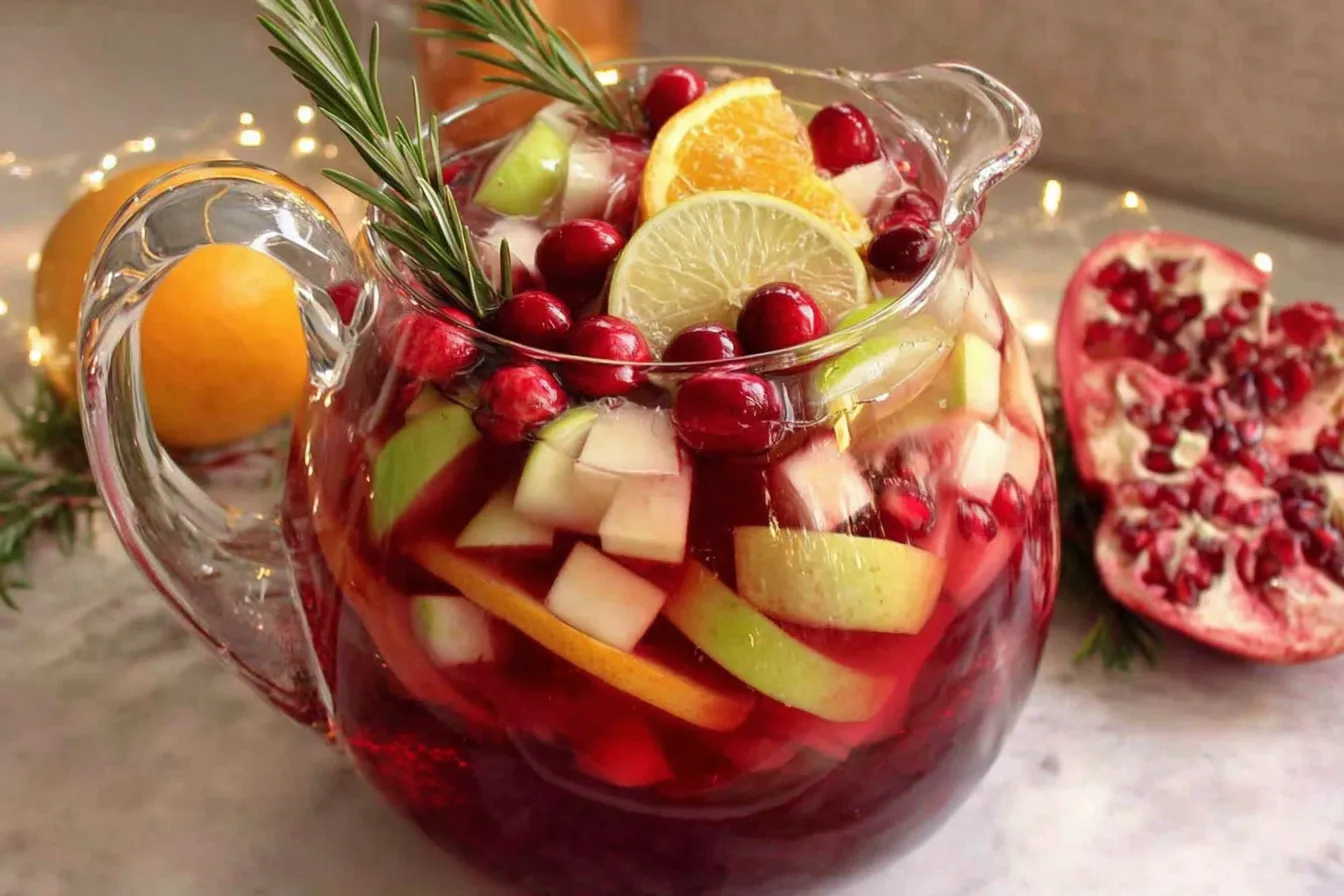 Non-Alcoholic Christmas Sangria in a glass pitcher with apples, citrus slices, cranberries, and rosemary