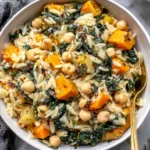 A close-up of One Pot Fall Vegetable Orzos mixed with chickpeas, kale, and soft butternut squash pieces.