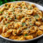 French Onion Pasta in a serving bowl with melting cheese and herbs on top.
