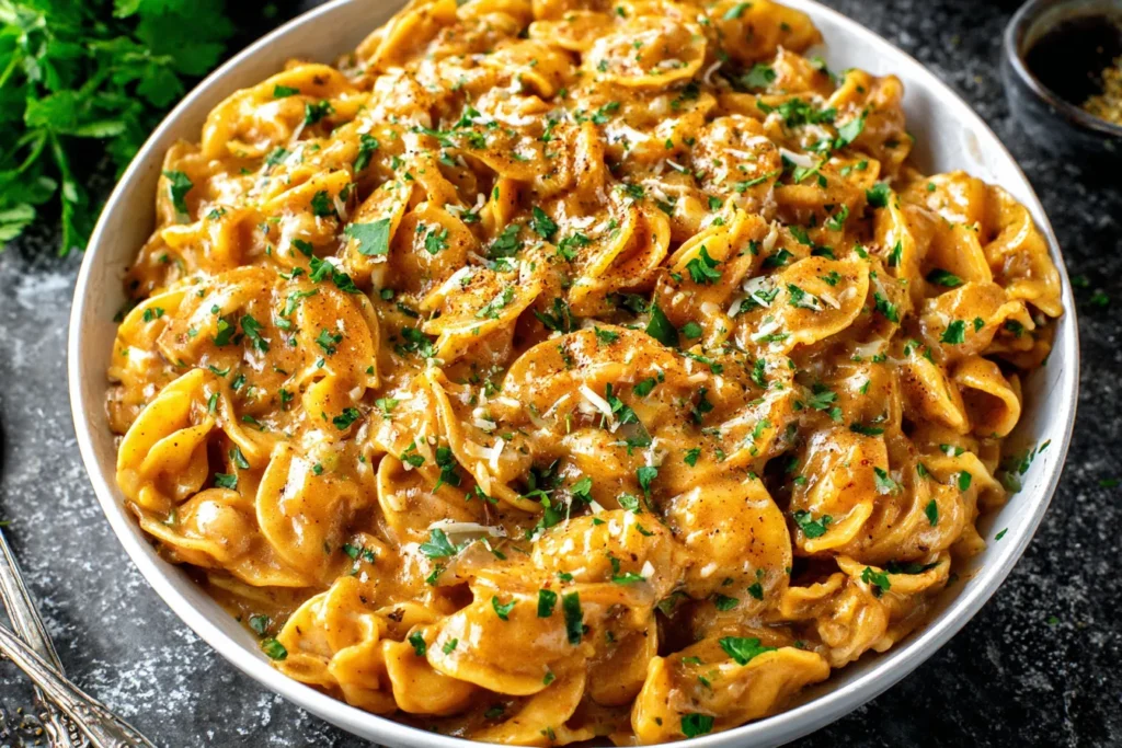 French Onion Pasta in a white bowl coated in creamy caramelized onion sauce and topped with fresh parsley.