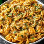 French Onion Pasta in a white bowl coated in creamy caramelized onion sauce and topped with fresh parsley.