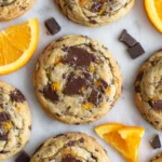 Orange Dark Chocolate Chunk Cookies arranged with sliced oranges and dark chocolate pieces