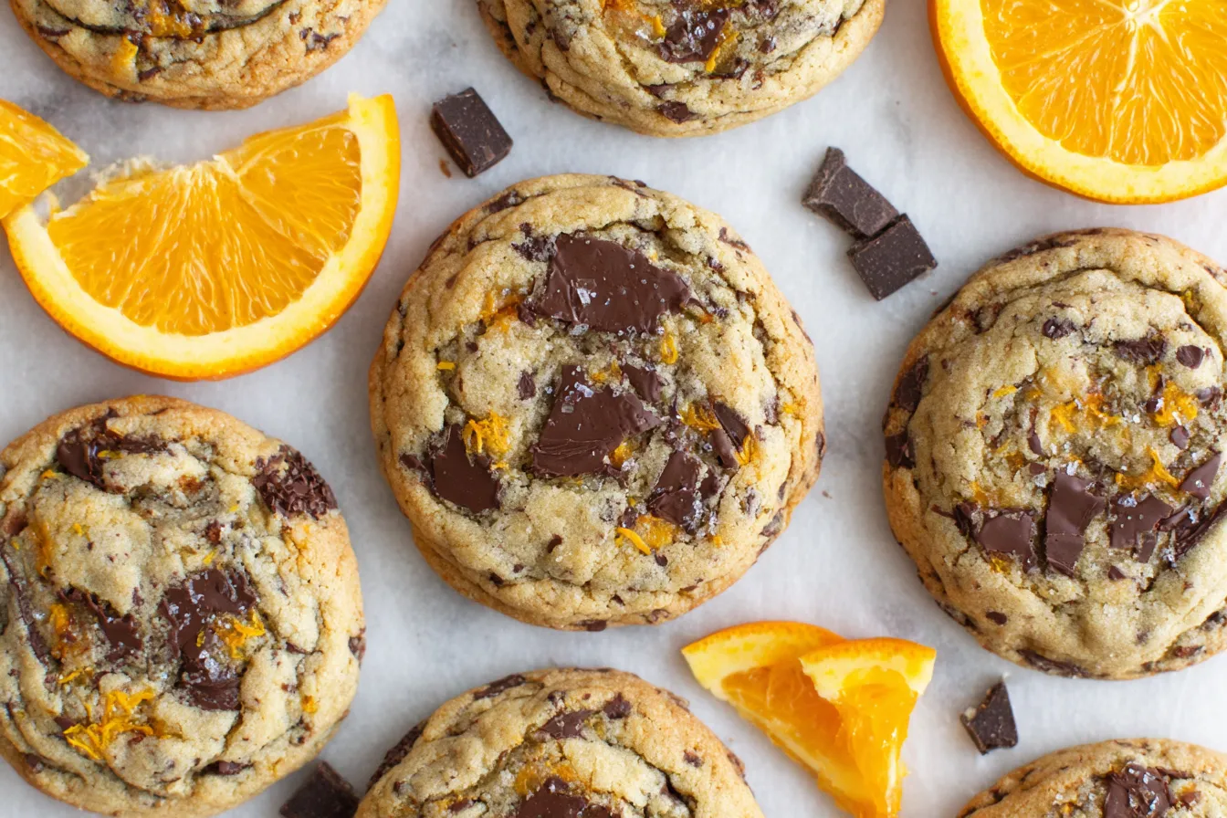 Orange Dark Chocolate Chunk Cookies arranged with sliced oranges and dark chocolate pieces