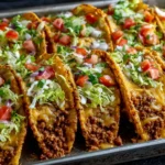 Oven-Baked Cheesy Tacos with seasoned beef, melted cheese, lettuce, and fresh tomatoes on top.