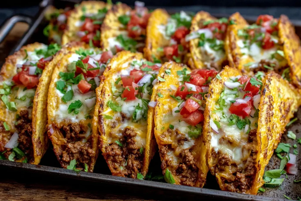 Oven-Baked Cheesy Tacos filled with seasoned ground beef, melted cheese, and topped with fresh tomatoes, onions, and cilantro.