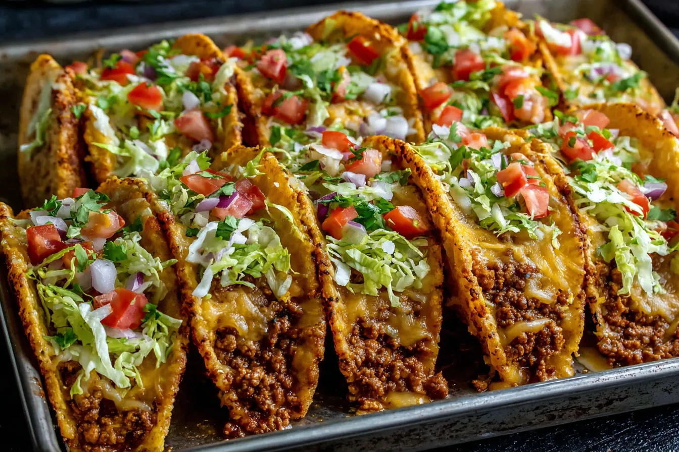Oven-Baked Cheesy Tacos with seasoned beef, melted cheese, lettuce, and fresh tomatoes on top.