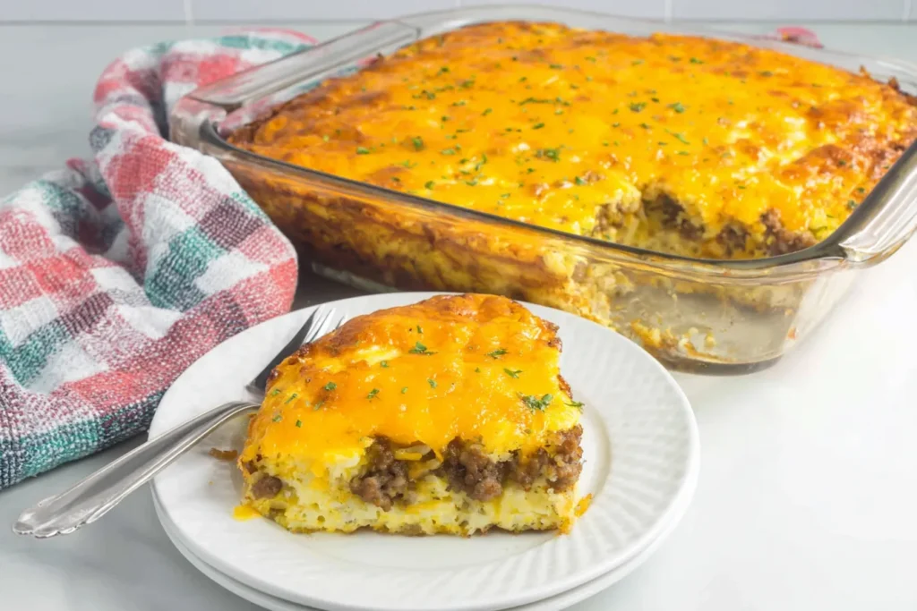 Slice of Overnight Cheesy Sausage and Hashbrown Breakfast Casserole served on a plate with a fork.