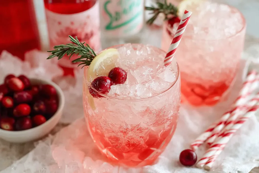 Peppermint Mocktail served over ice with cranberries, lemon slice, and a candy cane garnish