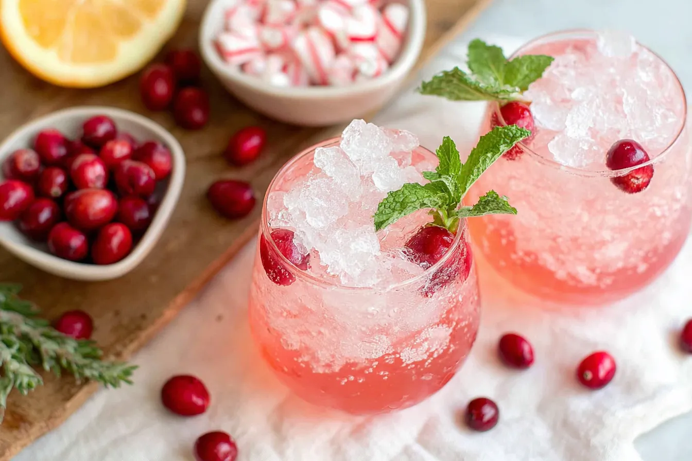 Peppermint Mocktail in glasses with crushed ice, fresh cranberries, and mint garnish