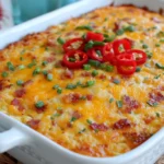 Pimento Cheese Hash Brown Casserole baked golden brown in a white casserole dish with cheese, pimentos, and green onions