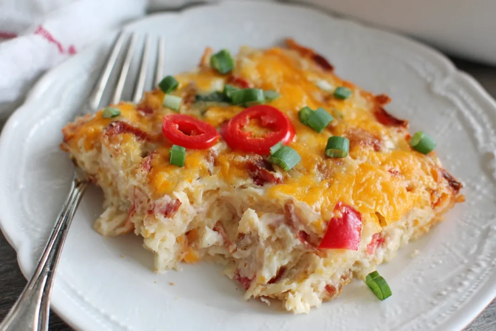 Pimento Cheese Hash Brown Casserole slice served on a white plate with melted cheese, pimentos, and green onions