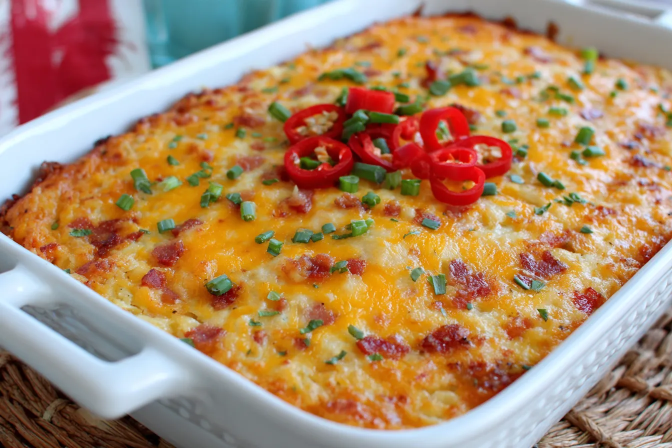 Pimento Cheese Hash Brown Casserole baked golden brown in a white casserole dish with cheese, pimentos, and green onions