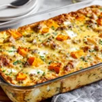 Protein-Packed Sweet Potato Egg Casserole baked in a glass dish with golden eggs, turkey sausage, and sweet potatoes