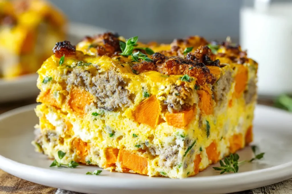 Protein-Packed Sweet Potato Egg Casserole slice with turkey sausage, fluffy eggs, and roasted sweet potatoes on a white plate