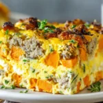 Protein-Packed Sweet Potato Egg Casserole slice with turkey sausage, fluffy eggs, and roasted sweet potatoes on a white plate