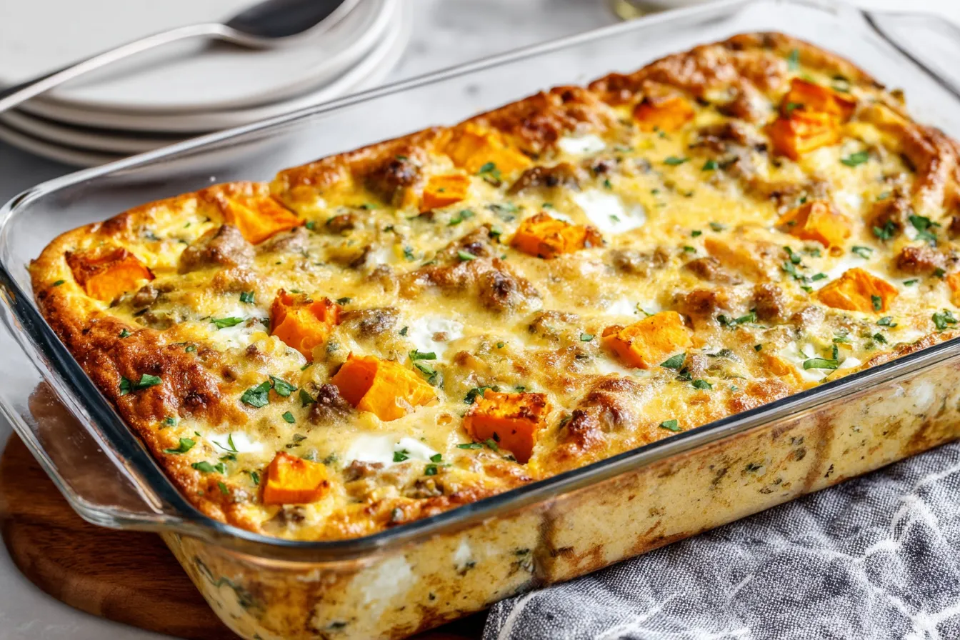 Protein-Packed Sweet Potato Egg Casserole baked in a glass dish with golden eggs, turkey sausage, and sweet potatoes