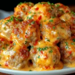 Rotel Sausage Balls on a white plate, coated in melted cheese and garnished with herbs.