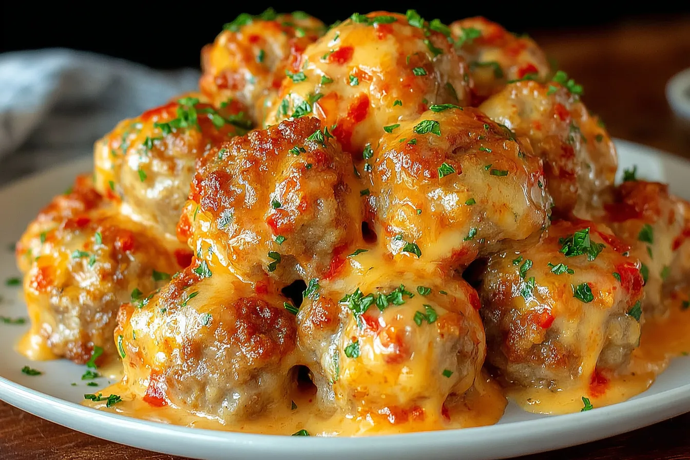 Rotel Sausage Balls on a white plate, coated in melted cheese and garnished with herbs.