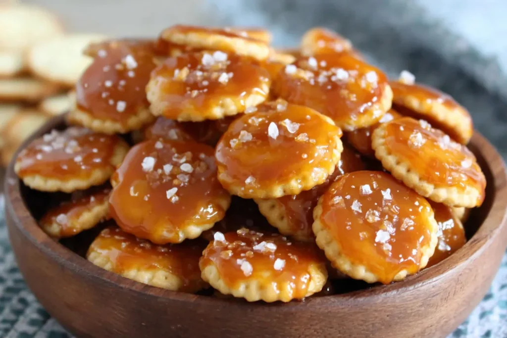 Salted Caramel Cracker Bites with a shiny caramel glaze and sprinkled with sea salt.