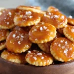 Salted Caramel Cracker Bites with a shiny caramel glaze and sprinkled with sea salt.