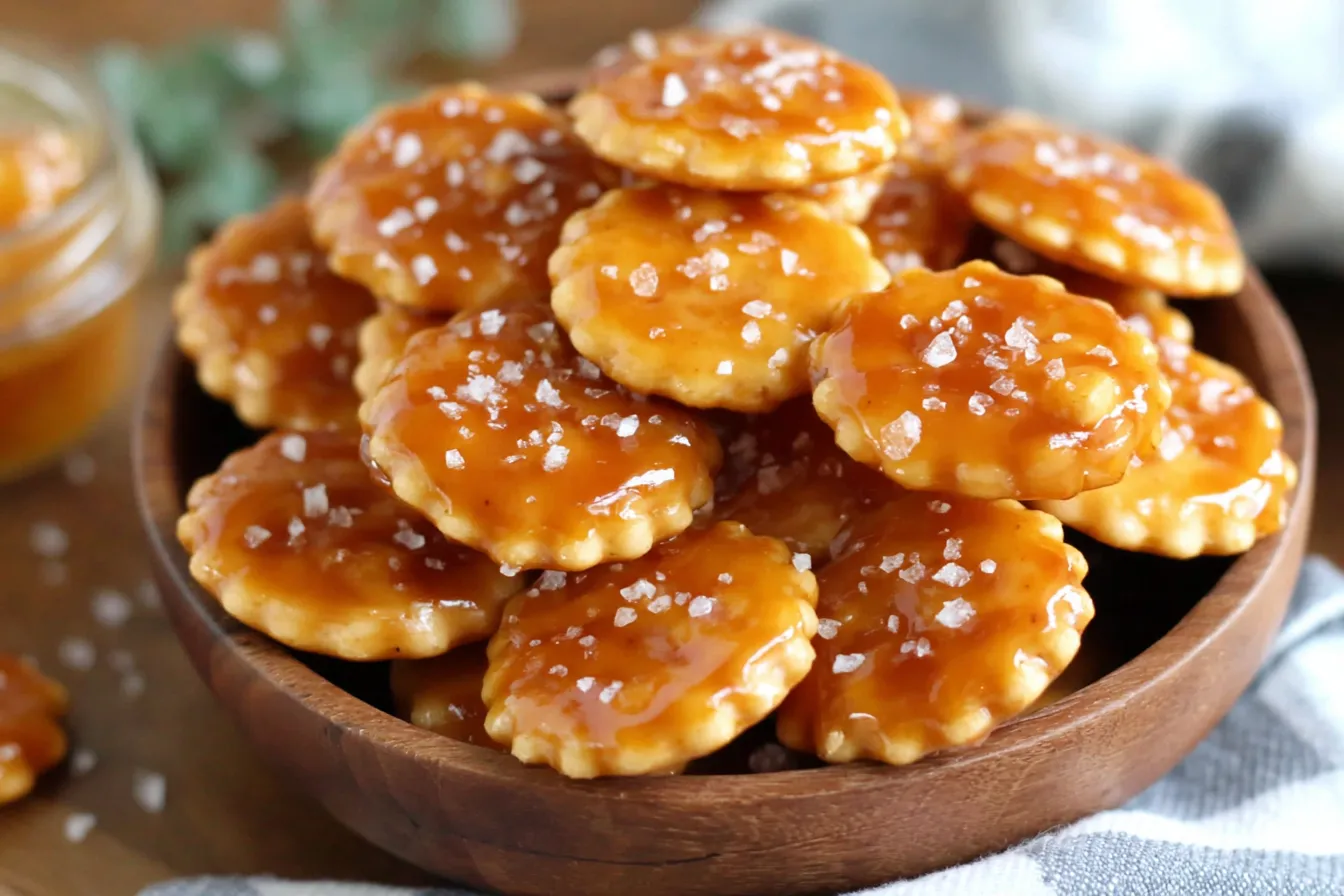 Salted Caramel Cracker Bites with caramel glaze and a sprinkle of coarse salt.