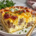 Easy Sausage and Egg Casserole piece with golden cheesy crust and sausage layers