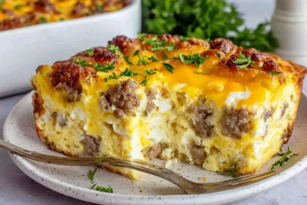 Easy Sausage and Egg Casserole slice topped with melted cheddar and fresh herbs on a plate