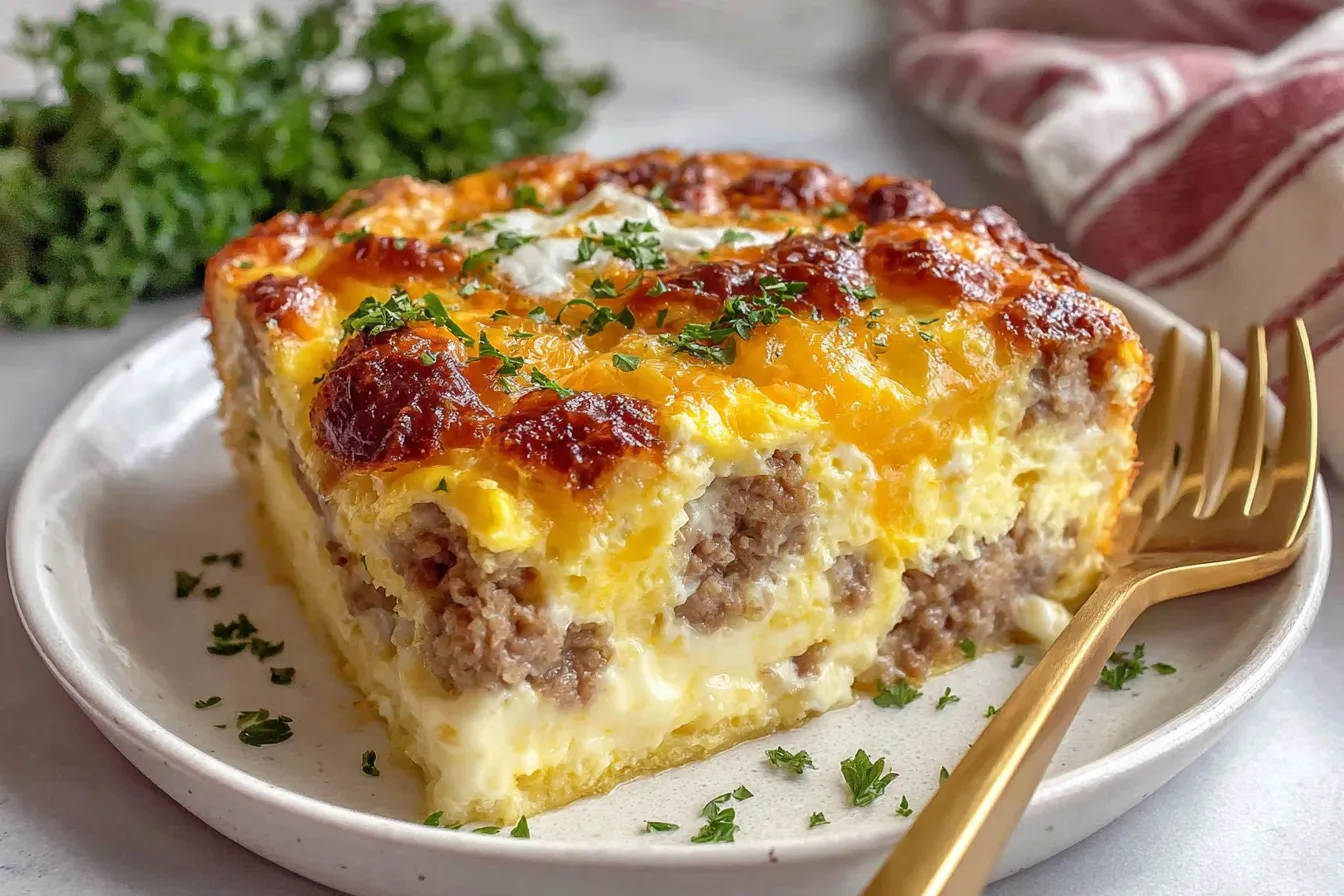Easy Sausage and Egg Casserole piece with golden cheesy crust and sausage layers