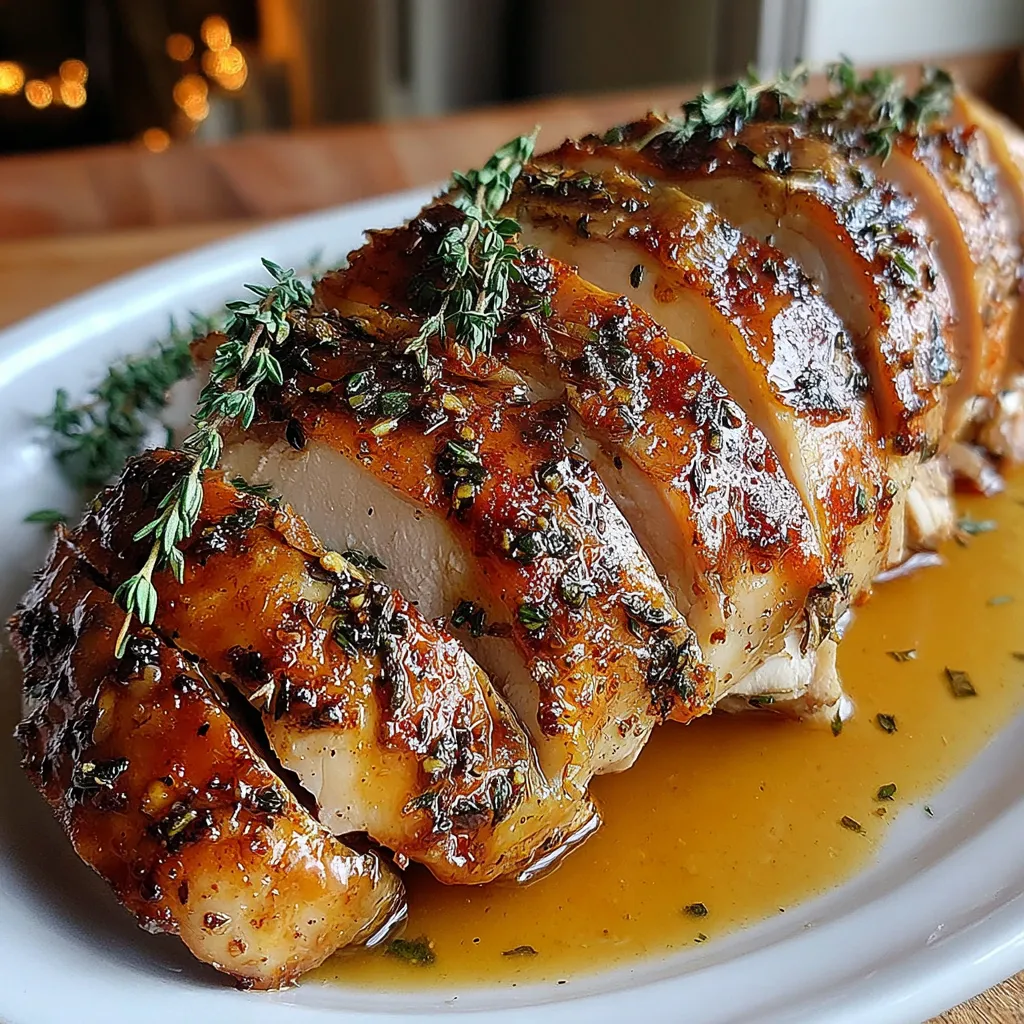 Slow Cooker Amish Maple Turkey Breast Recipe served on a white platter with a golden maple glaze and thyme