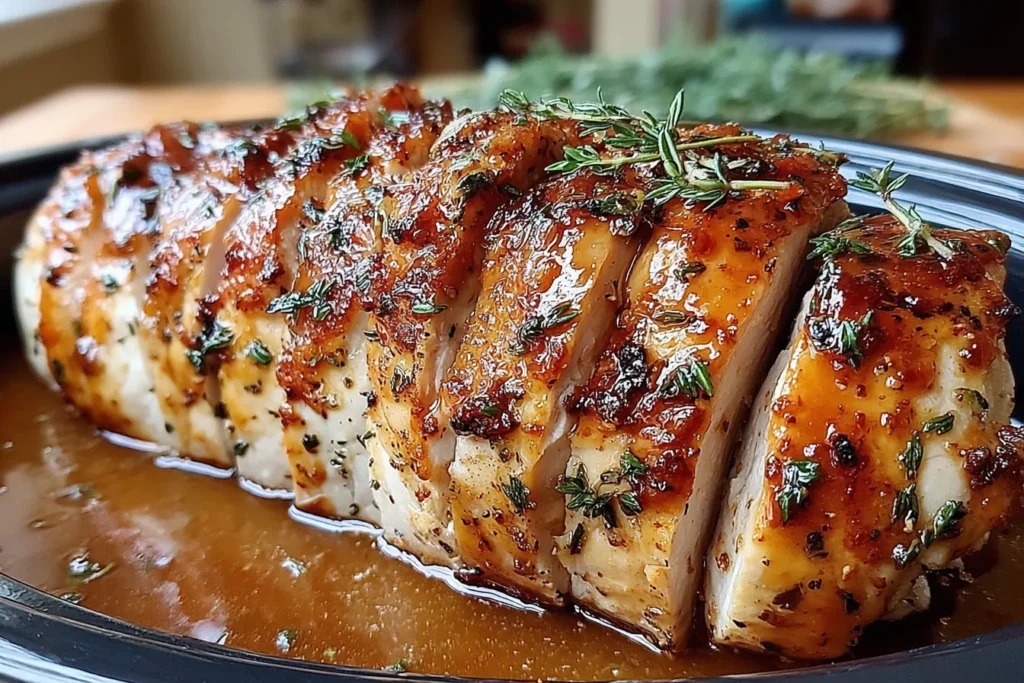Slow Cooker Amish Maple Turkey Breast Recipe sliced with a glossy maple glaze and fresh herbs on top