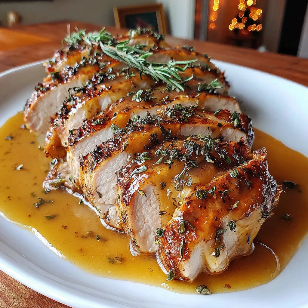 Slow Cooker Amish Maple Turkey Breast Recipe sliced and topped with herbs in a rich maple sauce on a white plateSlow Cooker Amish Maple Turkey Breast