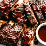 Slow Cooker Ribs served with extra barbecue sauce for dipping